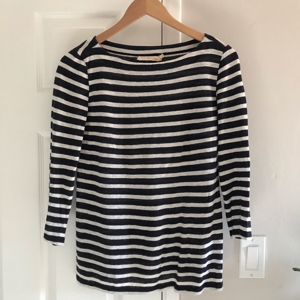 Tory Burch Navy and White Striped Boat Neck Tee